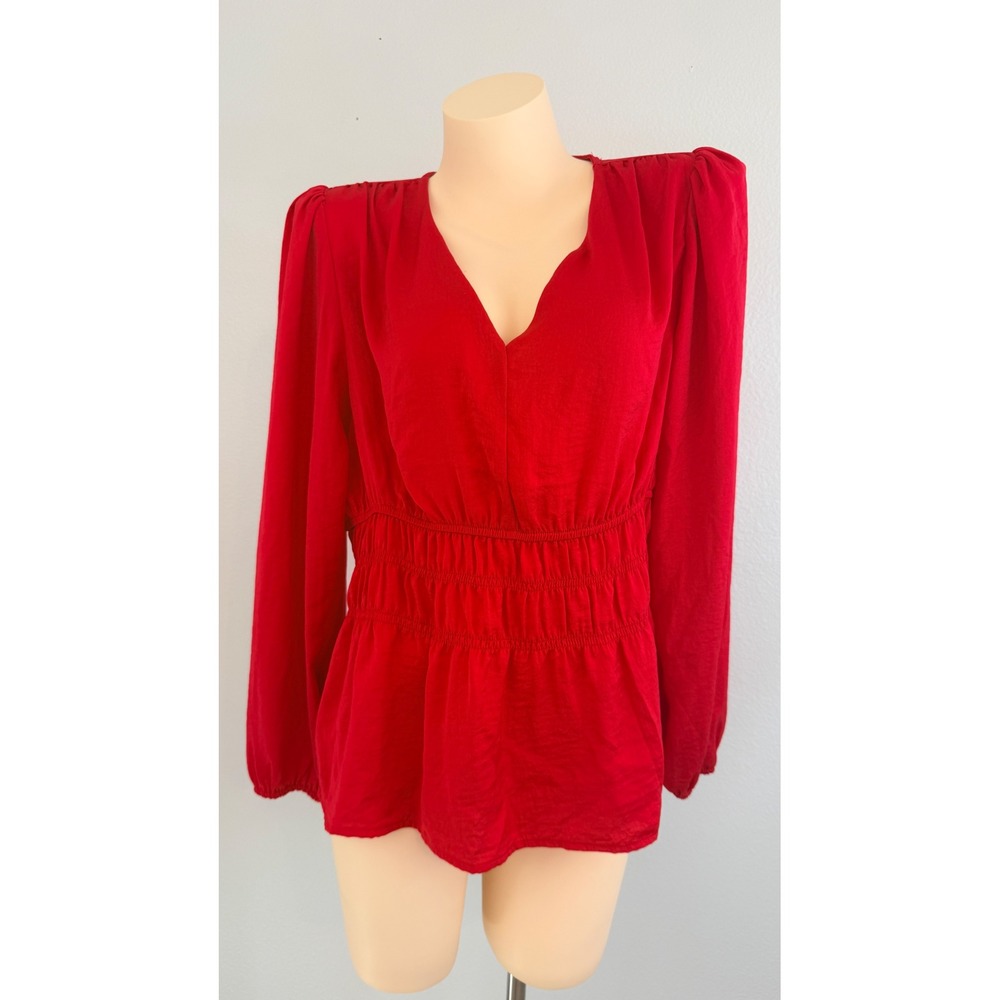 Boho Romantic Dolan Red Smocked Waist V-Neck Puff Sleeve Peplum Blouse Sz Large